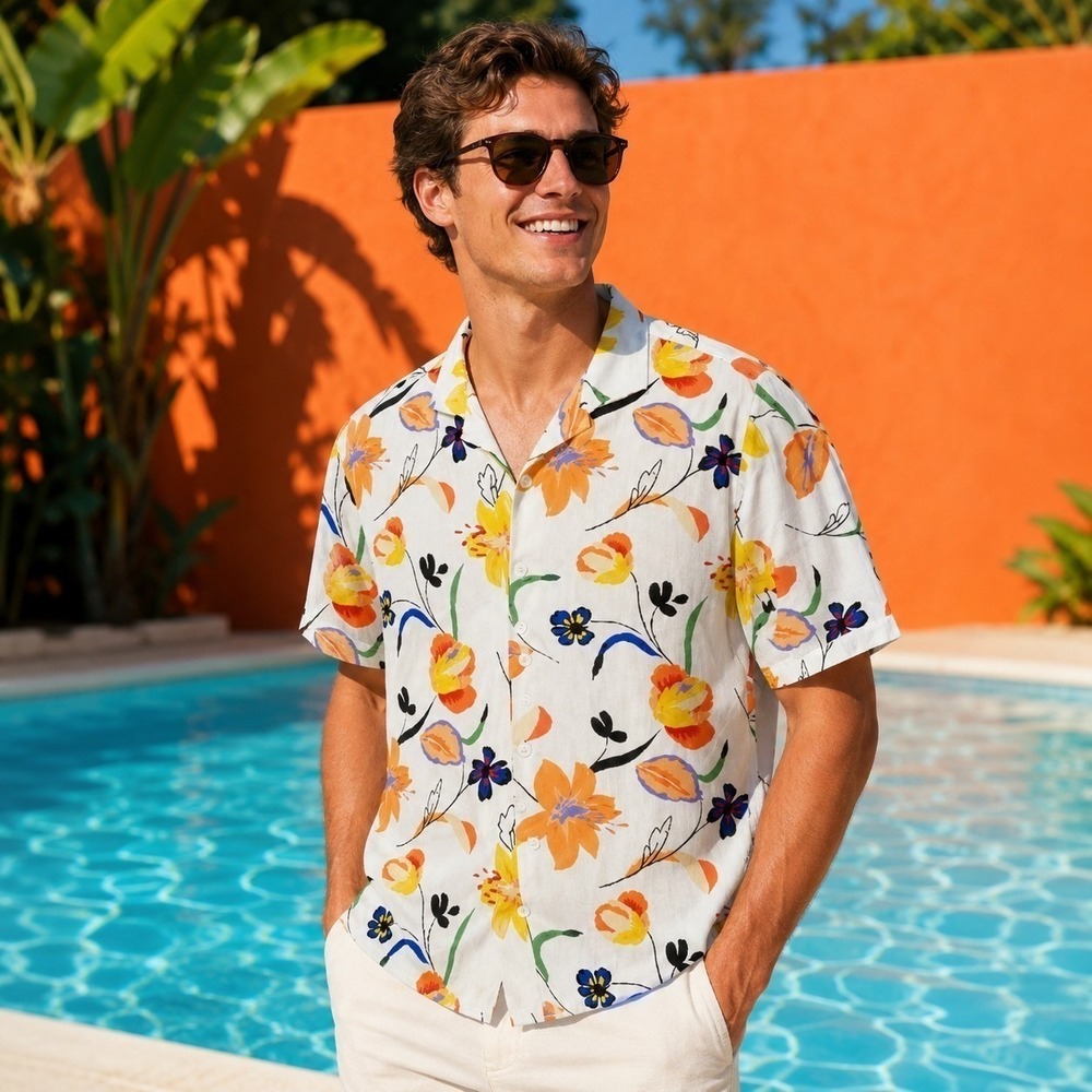 Forever 21 Men Medium Hawaiian Camp Shirt Floral Tropical Pool Party Resort Y2K